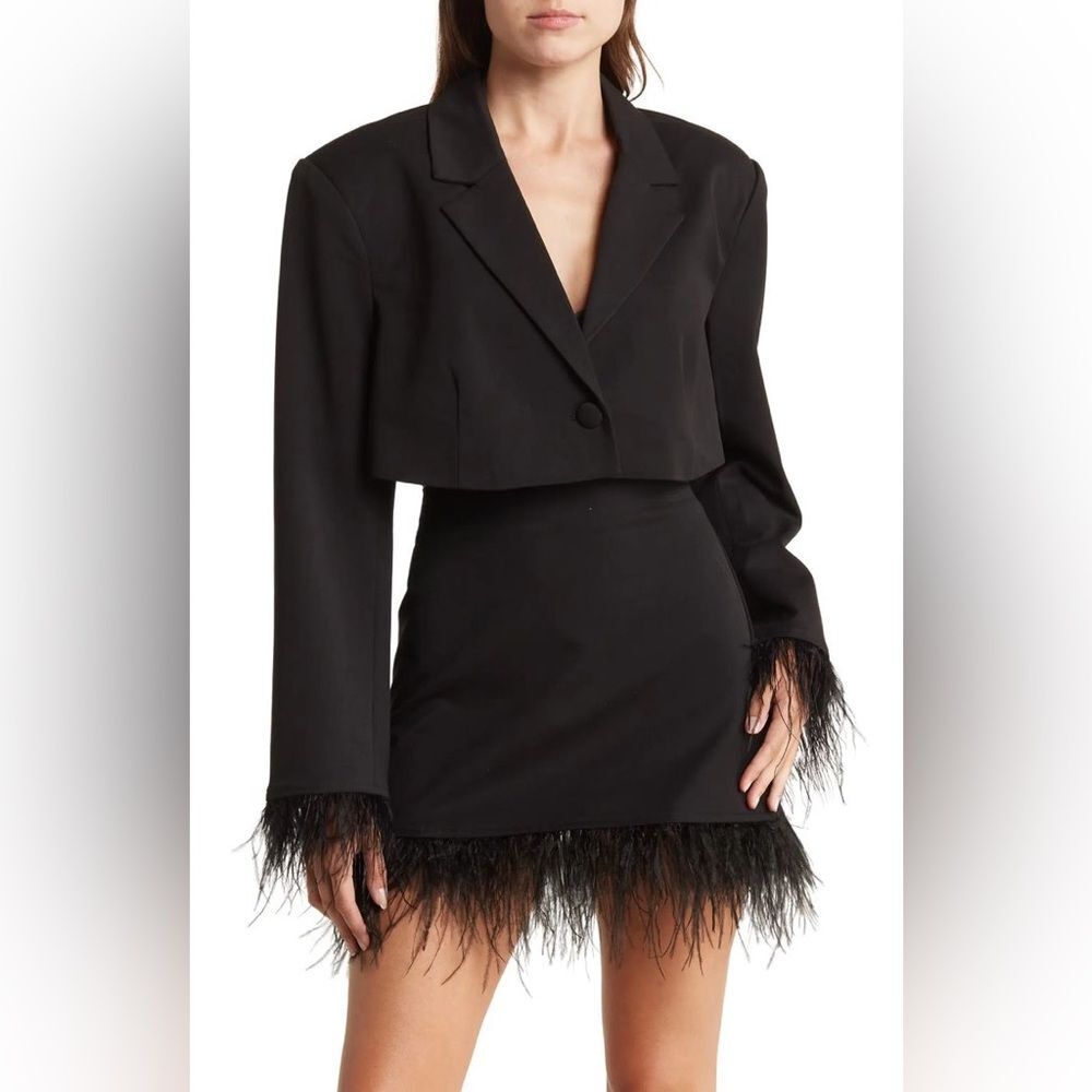 WeWoreWhat Black Feather Trim Blazer and Skirt Set